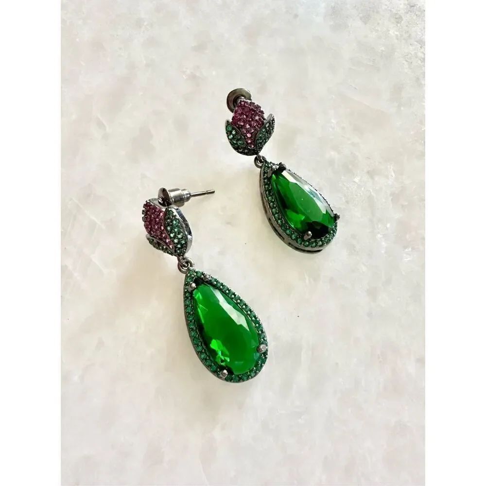 Emerald Green And Pink Color Tulip Teardrop Dangle Earrings